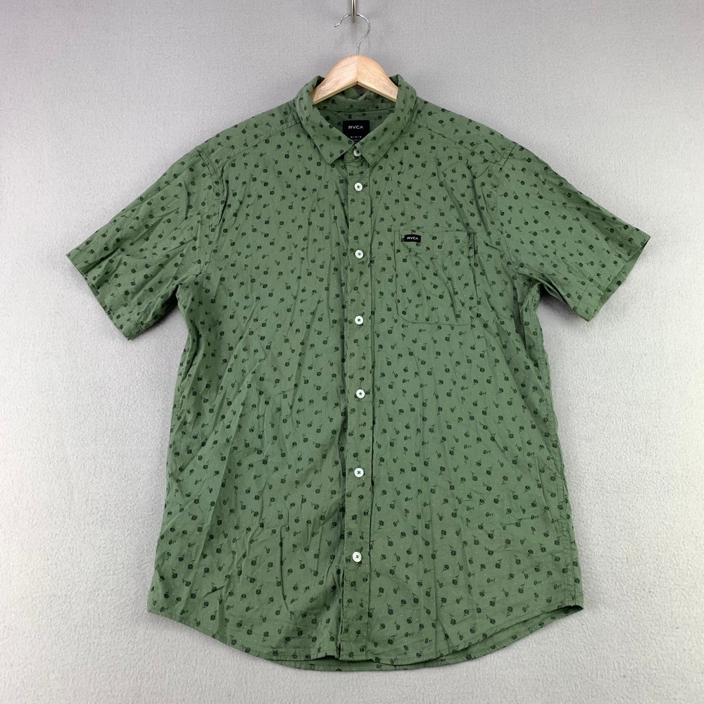 RVCA Slim Fit Button Up Shirt Mens M Green Floral Short Sleeve Casual Skate